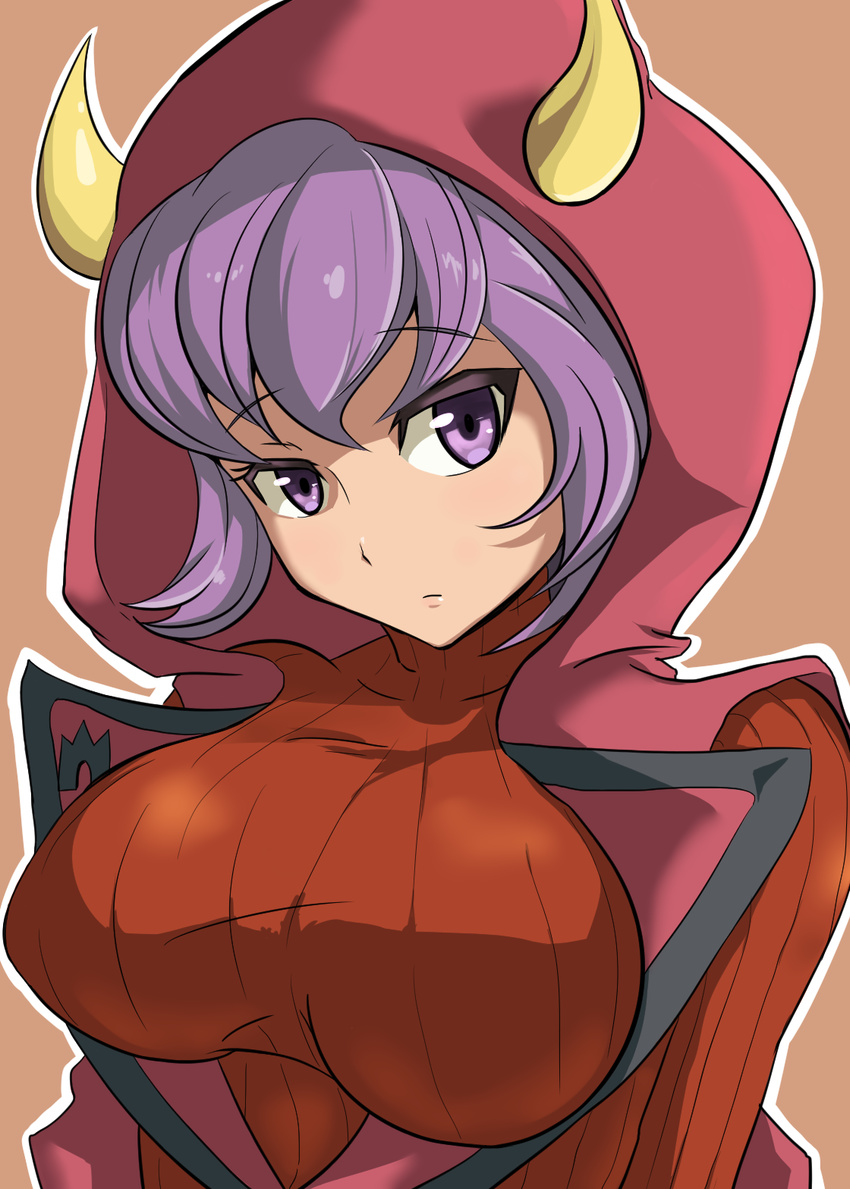 bad_id bad_pixiv_id breasts expressionless fake_horns highres hood hoodie horned_headwear kagari_(pokemon) large_breasts looking_at_viewer matsuchachou pokemon pokemon_(game) pokemon_oras purple_eyes purple_hair ribbed_sweater short_hair solo sweater team_magma uniform