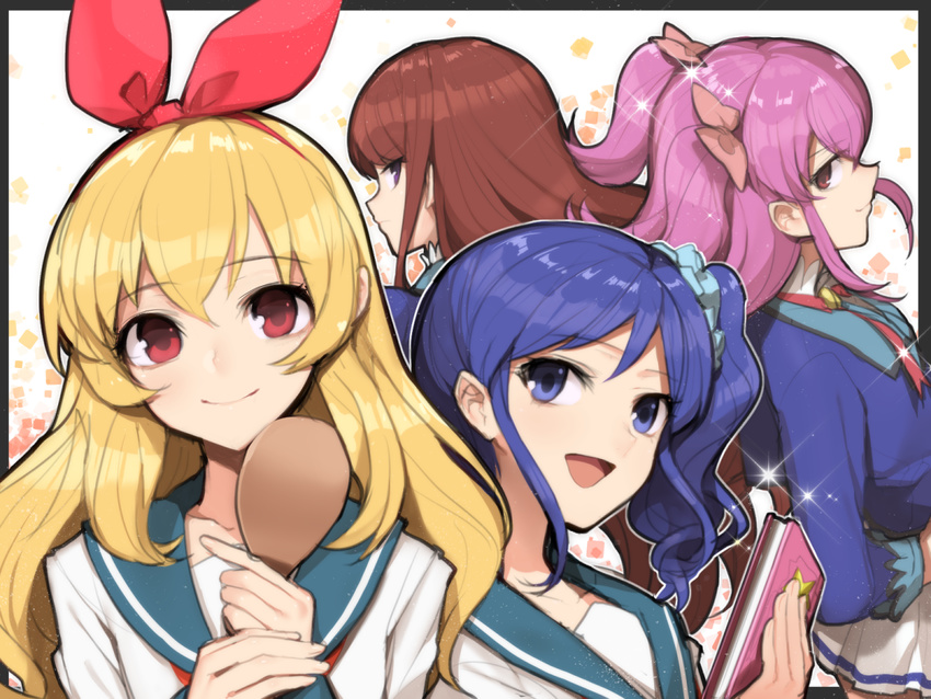 :d aikatsu! aikatsu!_(series) blonde_hair blue_eyes blue_hair blush bow brown_hair hair_bow hair_ribbon hairband hitoto hoshimiya_ichigo kiriya_aoi long_hair looking_at_viewer minowa_hikari multiple_girls open_mouth paddle purple_eyes red_eyes ribbon shibuki_ran smile two_side_up