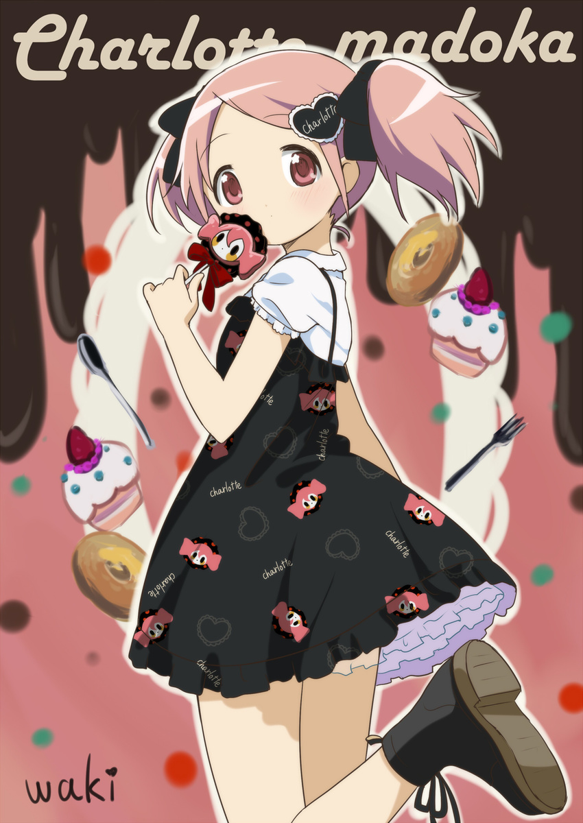 alternate_hairstyle ankle_boots bangs black_dress boots candy character_name character_print charlotte_(madoka_magica) cowboy_shot dress eating food food_on_face frill_trim frilled_dress frilled_sleeves frills hair_ornament hair_ribbon heart heart_hair_ornament highres holding holding_food kaname_madoka leg_up lollipop looking_at_viewer mahou_shoujo_madoka_magica neki_(wakiko) parted_bangs petticoat pink_eyes pink_hair ribbon solo standing standing_on_one_leg symbol_in_eye text_focus twintails