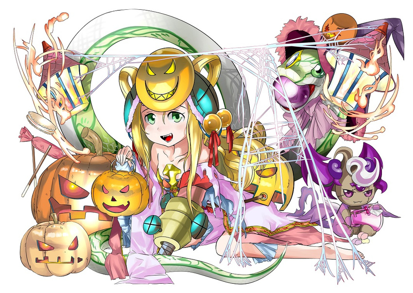 adapted_costume animal bare_shoulders blonde_hair blush collarbone dress fangs giant_snake green_eyes hair_bobbles hair_ornament hair_rings halloween hat jack-o'-lantern kei_(keiclear) lantern long_hair long_sleeves mask meimei_(p&amp;d) nail off_shoulder open_mouth oversized_animal pumpkin puzzle_&amp;_dragons red_ribbon ribbon screw silk simple_background snake solo spider_web torn_clothes torn_dress turtle_shell white_background witch_hat