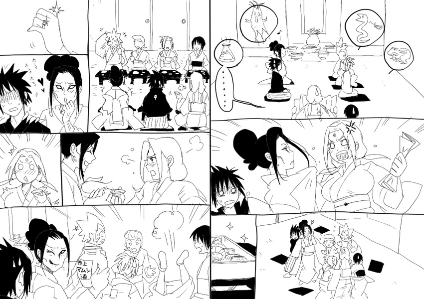 4girls alcohol alice_kei_(lemon-jiru) comic crossdressing cup drunk greyscale haruno_kizashi haruno_mebuki haruno_sakura japanese_clothes jewelry kimono long_hair monochrome multiple_boys multiple_girls naruto naruto_(series) obi orochimaru ring sakazuki sake sash shizune_(naruto) translated tsunade uchiha_sasuke