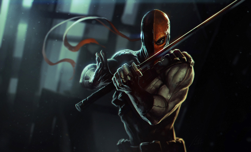 belt clenched_hand dc_comics deathstroke gloves holding holding_sword holding_weapon jimmy_xu katana male_focus mask muscle one_eye_covered ribbon solo sword weapon