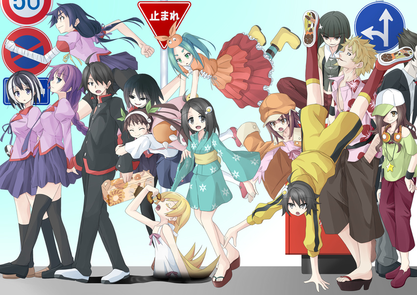 6+girls absurdres aqua_hair araragi_karen araragi_koyomi araragi_tsukihi backpack bag bandages bike_shorts black_eyes black_hair blonde_hair blue_eyes brown_eyes brown_hair doughnut everyone food fried_egg gaen_izuko green_eyes hachikuji_mayoi hanekawa_tsubasa highres japanese_clothes kagenui_yozuru kaiki_deishuu kanbaru_suruga kimono long_hair monogatari_(series) multicolored_hair multiple_boys multiple_girls ononoki_yotsugi oshino_meme oshino_ougi oshino_shinobu purple_eyes purple_hair red_eyes school_uniform sengoku_nadeko senjougahara_hitagi short_hair side_ponytail thighhighs two-tone_hair white_hair yukyon