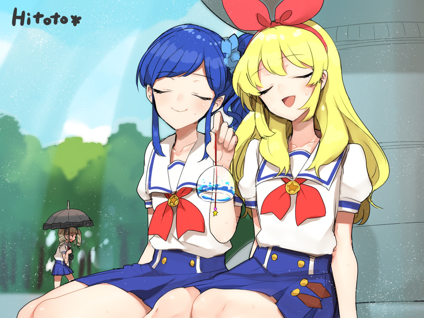 :d aikatsu! aikatsu!_(series) blonde_hair blue_eyes blue_hair blush closed_eyes drill_hair fountain hair_ribbon hitoto hoshimiya_ichigo hot kiriya_aoi long_hair multiple_girls open_mouth ribbon school_uniform signature skirt smile starlight_academy_uniform sweat toudou_yurika twin_drills twintails umbrella wind_chime