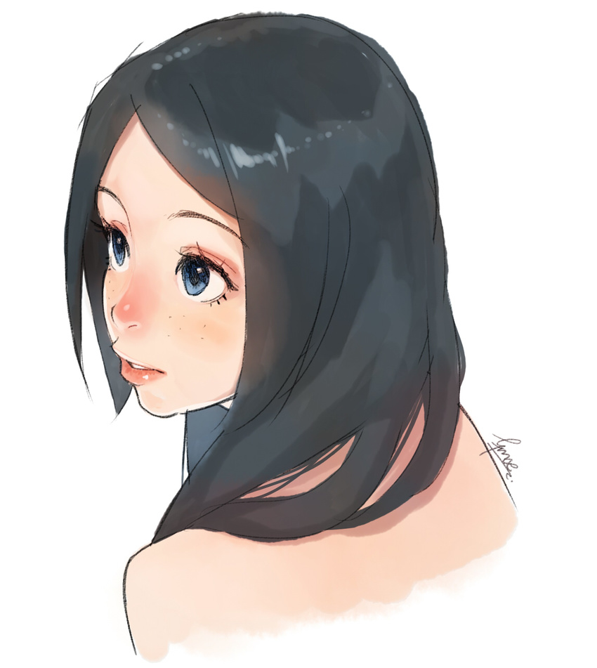 black_hair blue_eyes blush efmoe freckles from_behind highres lips long_hair original parted_lips sketch solo upper_body