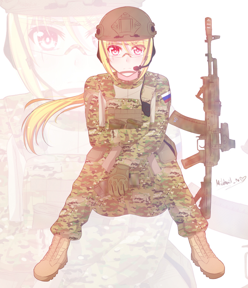 ak-74m assault_rifle blonde_hair body_armor camouflage gloves gun highres load_bearing_vest long_hair magazine_(weapon) mikhail_n military military_uniform multicam_(camo) original plate_carrier rifle russia solo uniform weapon