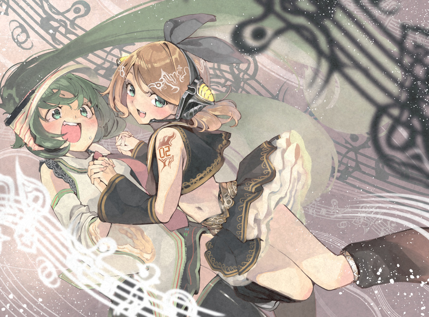 blonde_hair detached_sleeves furukawa_itsuse green_eyes green_hair hatsune_miku headphones headset holding_hands interlocked_fingers kagamine_rin leg_warmers long_hair midriff multiple_girls navel necktie open_mouth skirt tattoo thighhighs twintails very_long_hair vocaloid