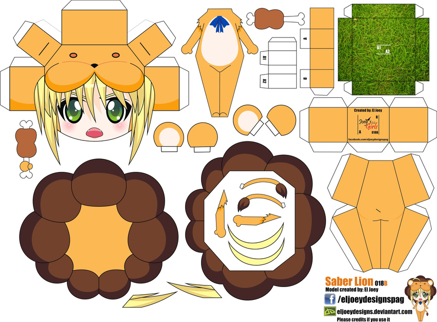 ahoge animal_costume artist_name artoria_pendragon_(all) blonde_hair blush boned_meat character_name chibi el_joey fangs fate/stay_night fate/tiger_colosseum fate_(series) food grass green_eyes highres lion_costume meat open_mouth paper_cutout papercraft saber saber_lion solo tail