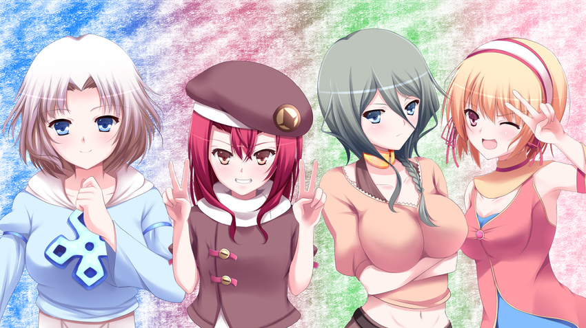 bad_id bad_pixiv_id blonde_hair blue_eyes blush braid breasts double_v green_hair hat kurimu_(yappen) large_breasts looking_at_viewer medium_breasts multiple_girls one_eye_closed original red_hair short_hair smile v yappen