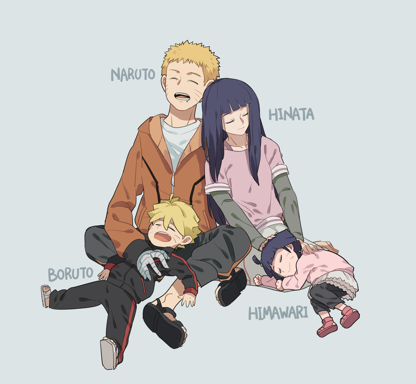 2girls blonde_hair character_name closed_eyes facial_mark family father_and_daughter father_and_son highres husband_and_wife hyuuga_hinata lap_pillow leaning_on_person leaning_to_the_side long_hair luo. lying mother_and_daughter mother_and_son multiple_boys multiple_girls naruto naruto_(series) on_back on_side seiza short_hair side-by-side sitting sleeping sleeping_on_person sleeping_upright uzumaki_boruto uzumaki_himawari uzumaki_naruto