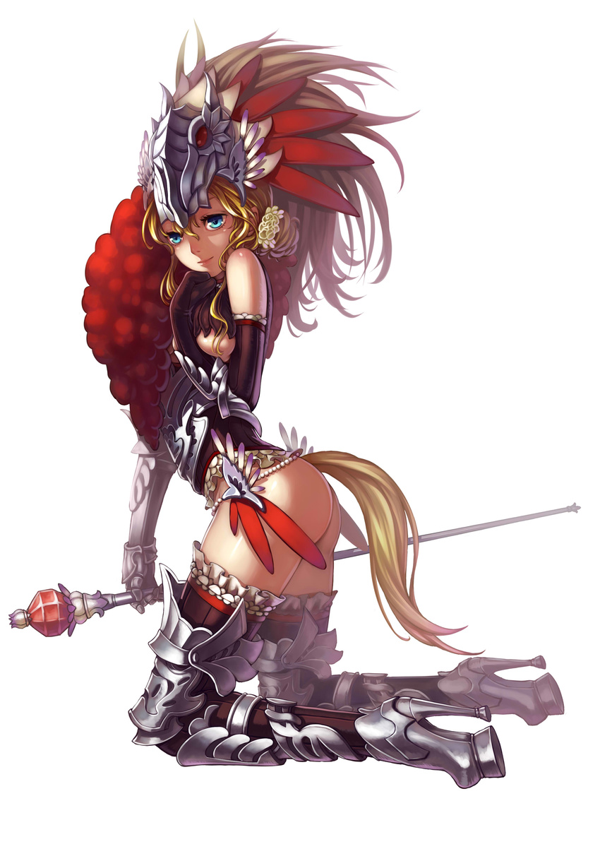 absurdres armor ass bare_shoulders blonde_hair blue_eyes bojue_yu_yaojing_695657 breasts copyright_request elbow_gloves frilled_legwear gauntlets gloves high_heels highres horse_tail kneeling pearl ribbed_gloves ribbed_legwear scepter single_gauntlet small_breasts smile solo tail underboob white_background