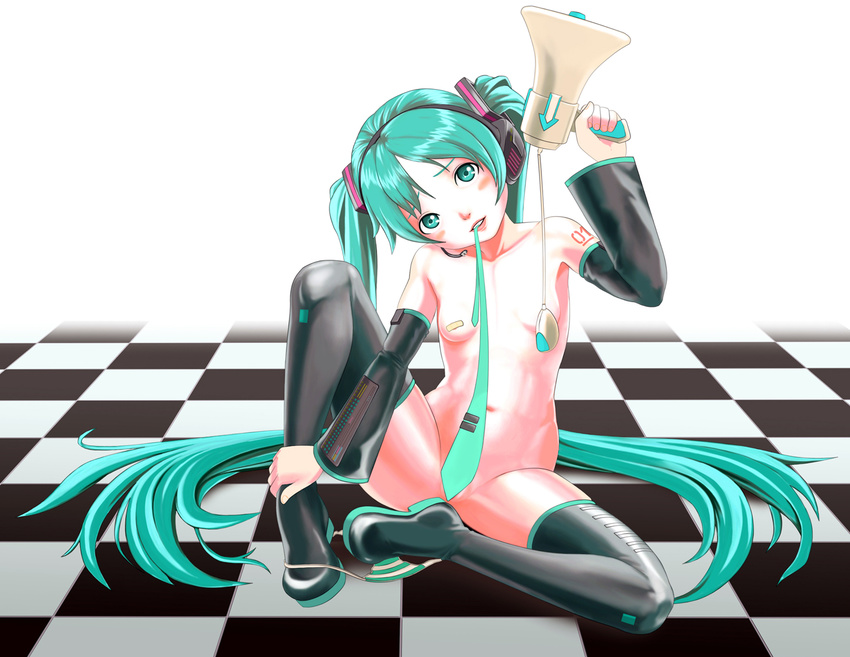 1girl checkered checkered_floor convenient_censoring hatsune_miku long_hair looking_at_viewer necktie noobcake solo twintails vocaloid