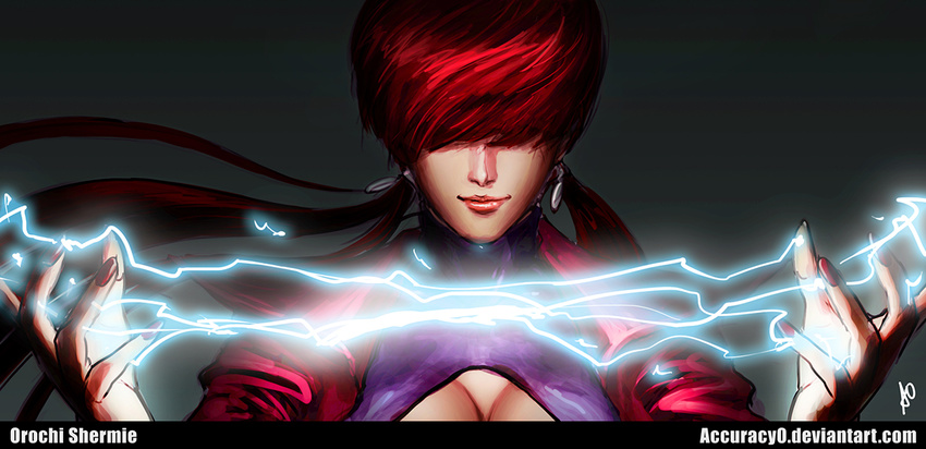 accuracy0 breasts cleavage colorized cropped_jacket earrings hair_over_eyes jewelry large_breasts leotard lightning lips lipstick long_hair low_twintails makeup nose orochi_shermie red_hair revision shermie smile solo the_king_of_fighters twintails