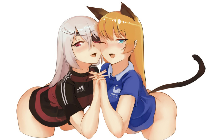 2014_fifa_world_cup 2girls animal_ears ass blue_eyes blush bottomless character_request cheek-to-cheek cropped_legs eyepatch france germany hand_holding infinite_stratos interlocked_fingers kuso_otoko kusottk laura_bodewig long_hair multiple_girls noccu one_eye_closed orange_hair red_eyes silver_hair soccer soccer_jersey soccer_uniform sportswear tail world_cup