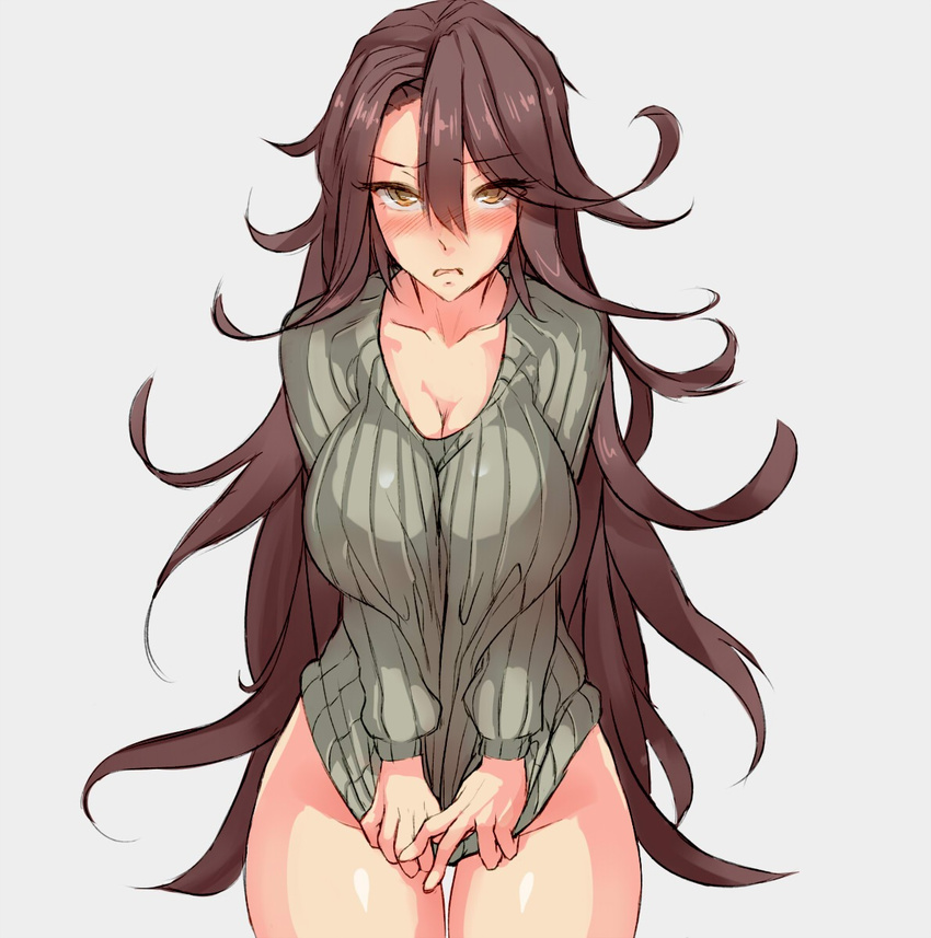 bad_id bad_tumblr_id blush breasts brown_eyes brown_hair cleavage clothes_tug embarrassed gundam gundam_00 highres large_breasts long_hair looking_at_viewer messy_hair naked_sweater noccu ribbed_sweater solo sumeragi_lee_noriega sweater sweater_tug thigh_gap thighs very_long_hair