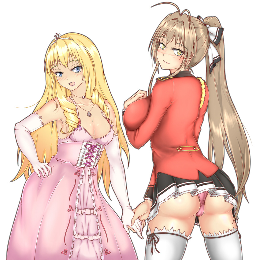 amagi_brilliant_park ass blonde_hair blush breasts brown_eyes brown_hair dress elbow_gloves gloves huge_breasts latifa_fleuranza long_hair looking_at_viewer medium_breasts multiple_girls nikuku_(kazedesune) panties pink_panties ponytail sento_isuzu smile thighhighs underwear