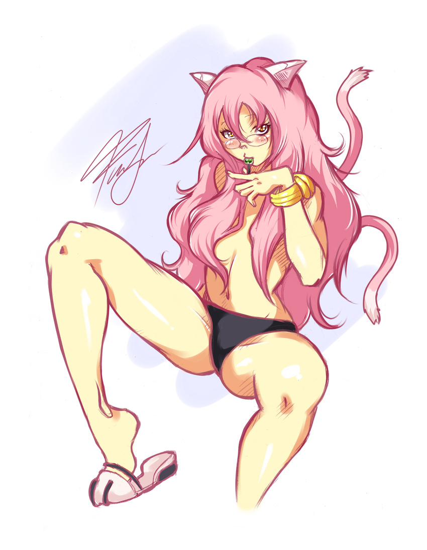 animal_ears barefoot black_panties blazblue blush bracelet breasts candy cat_ears cat_tail cropped_legs feet food francesco_simioni glasses hair_censor hair_down highres jewelry kokonoe lollipop long_hair messy_hair multiple_tails panties pince-nez pink_hair shoe_dangle slippers small_breasts solo spread_legs tail topless underwear underwear_only yellow_eyes