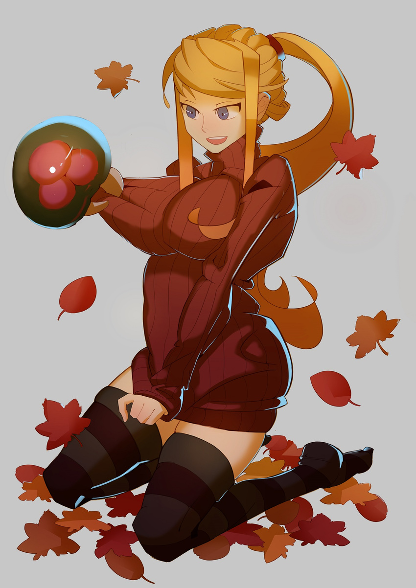 alien autumn autumn_leaves black_legwear blonde_hair blue_eyes blush breast_grab breasts clothes_tug dress grabbing highres kneeling large_breasts long_hair metroid metroid_(creature) ponytail ribbed_sweater samus_aran solo splashbrush sweater sweater_dress sweater_tug thighhighs turtleneck zettai_ryouiki