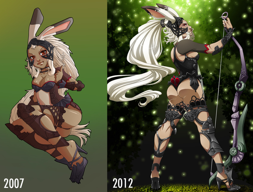 2007 2012 animal_ears artist_progress ass bow_(weapon) bracer breasts bunny_ears cleavage comparison dark_skin ears_through_headwear elbow_pads final_fantasy final_fantasy_xii fran helmet high_heels long_hair medium_breasts planted_weapon red_eyes revealing_clothes scrunchie setsuna22 solo standing thighhighs very_long_hair viera weapon white_hair