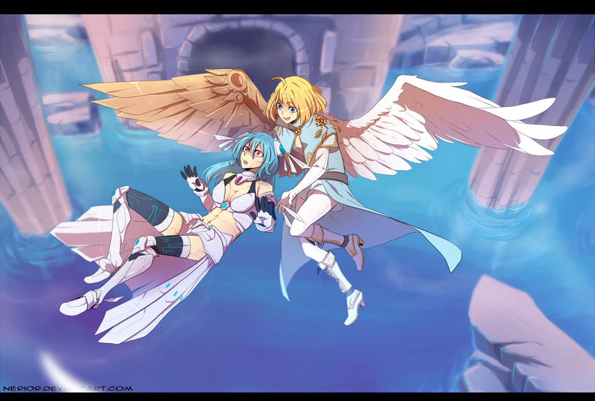 ahoge alpha_(acerailgun) android angel angel_wings asymmetrical_wings blonde_hair blue_eyes blue_hair boots borrowed_character breasts capelet cassie_(acerailgun) cyborg elbow_gloves feathered_wings flying full_body gloves high_heel_boots high_heels letterboxed long_hair mechanical_wings medium_breasts midriff multiple_girls nerior original pillar pink_eyes ruins thighhighs water watermark web_address wings