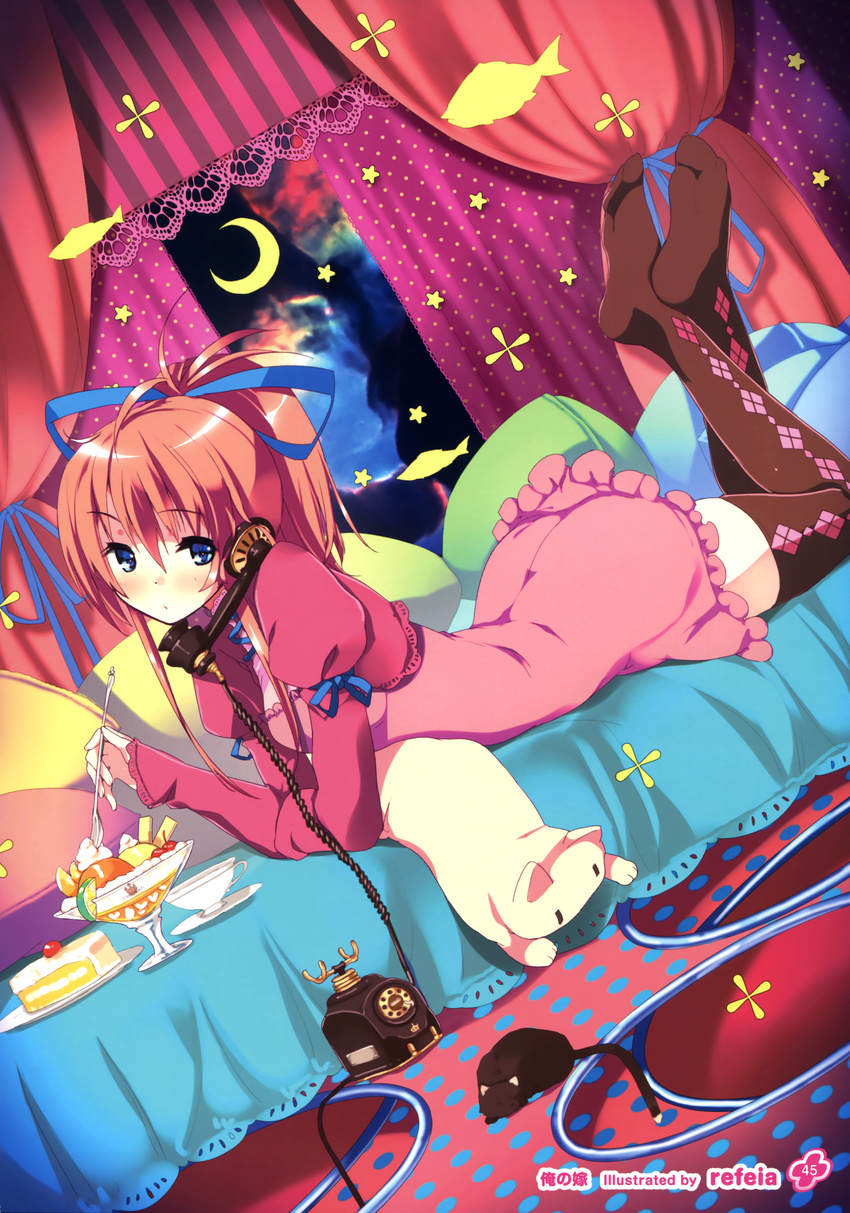 :o absurdres bed blue_eyes blush brown_legwear cake cat corded_phone crescent_moon cup dress drinking_glass dutch_angle fish food frilled_dress frills hair_ornament hair_ribbon highres lying moon mouse night no_shoes on_stomach orange_hair phone pillow pink_dress pink_hair plate ponytail refeia ribbon rotary_phone slice_of_cake solo star sweets thighhighs window