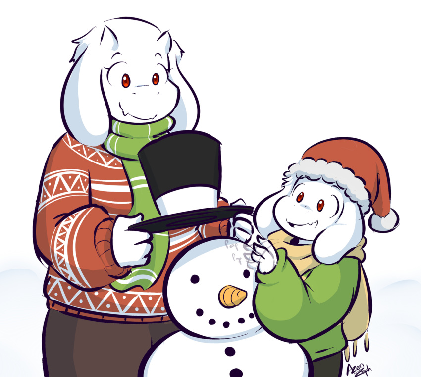 asriel_dreemurr azenzeph boss_monster caprine carrot clothing food hat horn long_ears mammal mother parent parent_and_child red_eyes scarf simple_background smile snowman son sweater toriel undertale vegetable video_games white_background