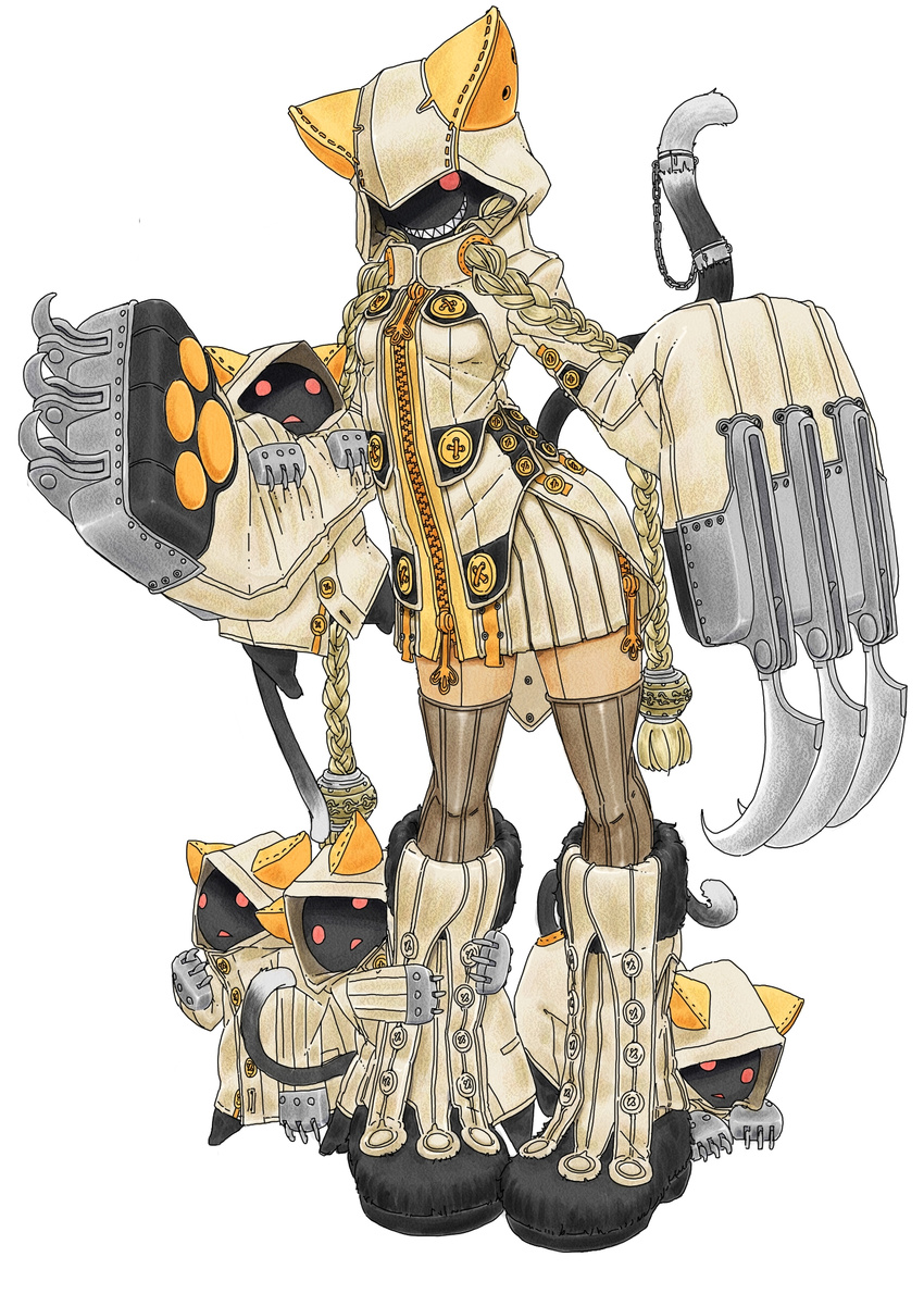 alternate_breast_size alternate_costume animal_ears blazblue blonde_hair boots braid buttons cat_ears cat_tail chain claws commentary fur_trim gloves hair_ornament halsort highres hood hooded_jacket jacket kaka_kittens long_hair md5_mismatch paw_gloves paws red_eyes sharp_teeth simple_background tail taokaka teeth thighhighs very_long_hair weapon white_background zettai_ryouiki zipper
