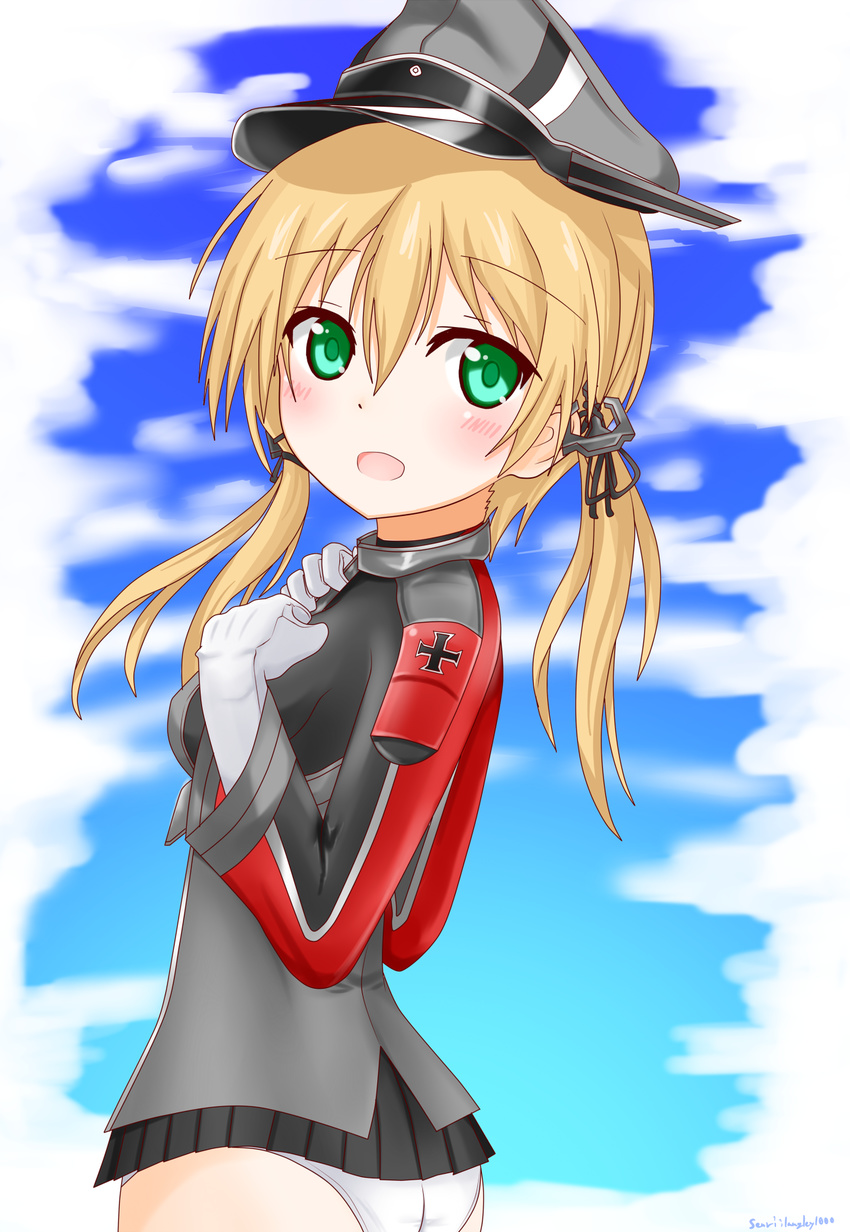 anchor_hair_ornament aqua_eyes ass blonde_hair blue_sky blush cloud gloves hair_ornament hands_on_own_chest hat highres kantai_collection langley1000 long_hair long_sleeves md5_mismatch military military_uniform open_mouth panties peaked_cap prinz_eugen_(kantai_collection) sky solo twintails underwear uniform white_gloves white_panties