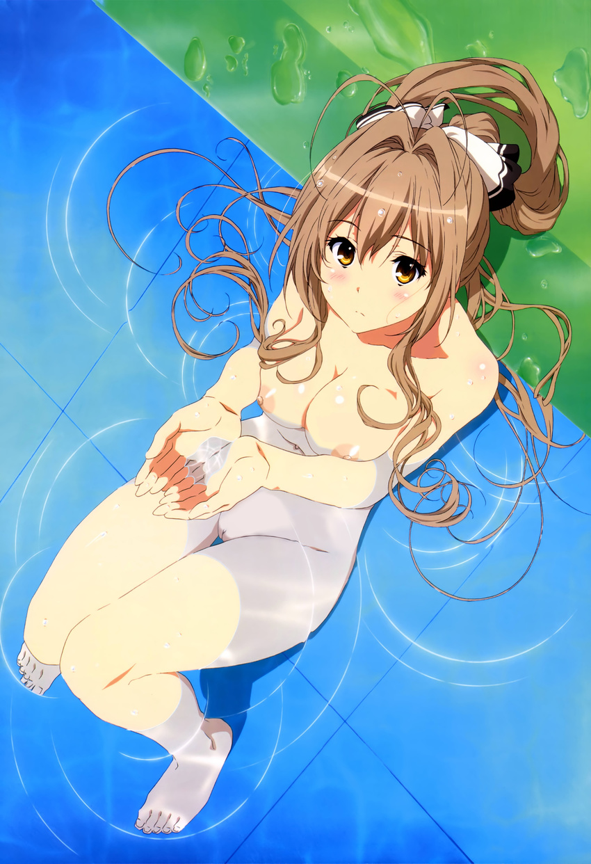 1girl absurdres amagi_brilliant_park areolae barefoot blush breast_press breasts brown_hair cupping_hands feet female from_above frown hair_between_eyes hair_intakes hair_ribbon highres knees_together_feet_apart knees_up large_breasts legs long_hair looking_at_viewer navel nipples nude nude_filter nyantype official_art partially_submerged payot photoshop ponytail pool pussy reclining ribbon ripples sento_isuzu sidelocks solo thighs toes uncensored water water_drop wet yellow_eyes