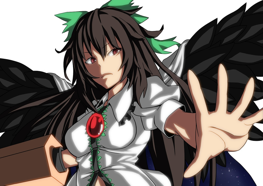 arm_cannon bad_id bad_pixiv_id black_hair bow cape hair_bow long_hair outstretched_arm red_eyes reiuji_utsuho serious solo star_(sky) tell third_eye touhou weapon wings