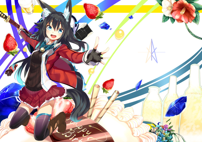 animal_ears black_hair blue_eyes blush boots cake fingerless_gloves food fox_ears fox_tail fruit gloves haik happy_birthday highres jewelry katana kneeling long_hair looking_at_viewer necklace open_mouth original sheath smile solo strawberry sword tail thighhighs weapon
