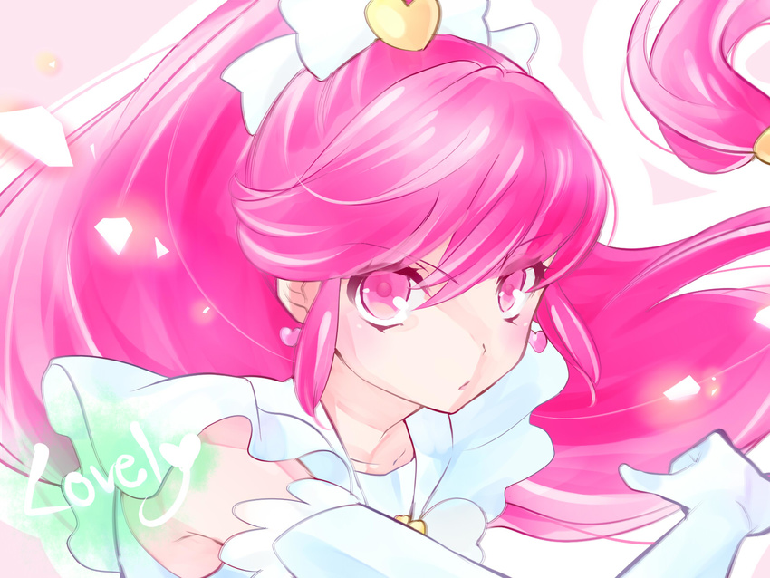 aino_megumi bow character_name cure_lovely elbow_gloves face gloves hair_bow happinesscharge_precure! highres innocent_form_(happinesscharge_precure!) long_hair magical_girl pink_eyes pink_hair ponytail precure shipu_(gassyumaron) solo white_gloves wide_ponytail