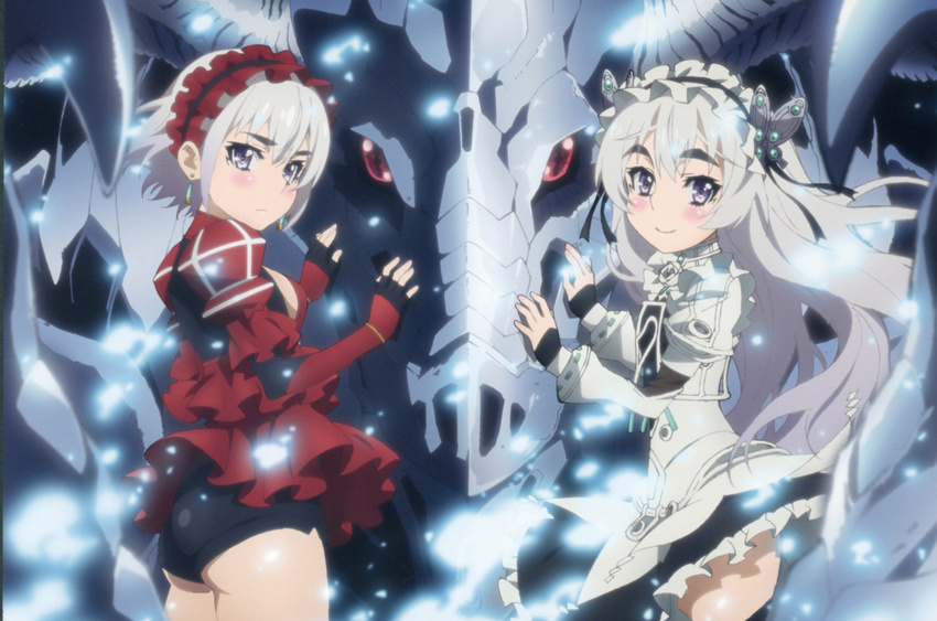 2girls absurdres ass butterfly_hair_ornament chaika_bogdan chaika_trabant dragon dress earrings fingerless_gloves frederika_(hitsugi_no_chaika) frills gloves glowing hair_ornament hairband highres hitsugi_no_chaika jewelry lolita_hairband long_hair multiple_girls newtype official_art puffy_sleeves purple_eyes red_eyes scan short_hair silver_hair smile suwa_masahiro