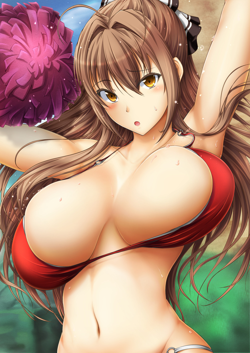 absurdres amagi_brilliant_park blush bol_(liliymimi) bouncing_breasts breasts brown_eyes brown_hair highres large_breasts long_hair looking_at_viewer navel o-ring o-ring_bottom pom_poms sento_isuzu solo sweat