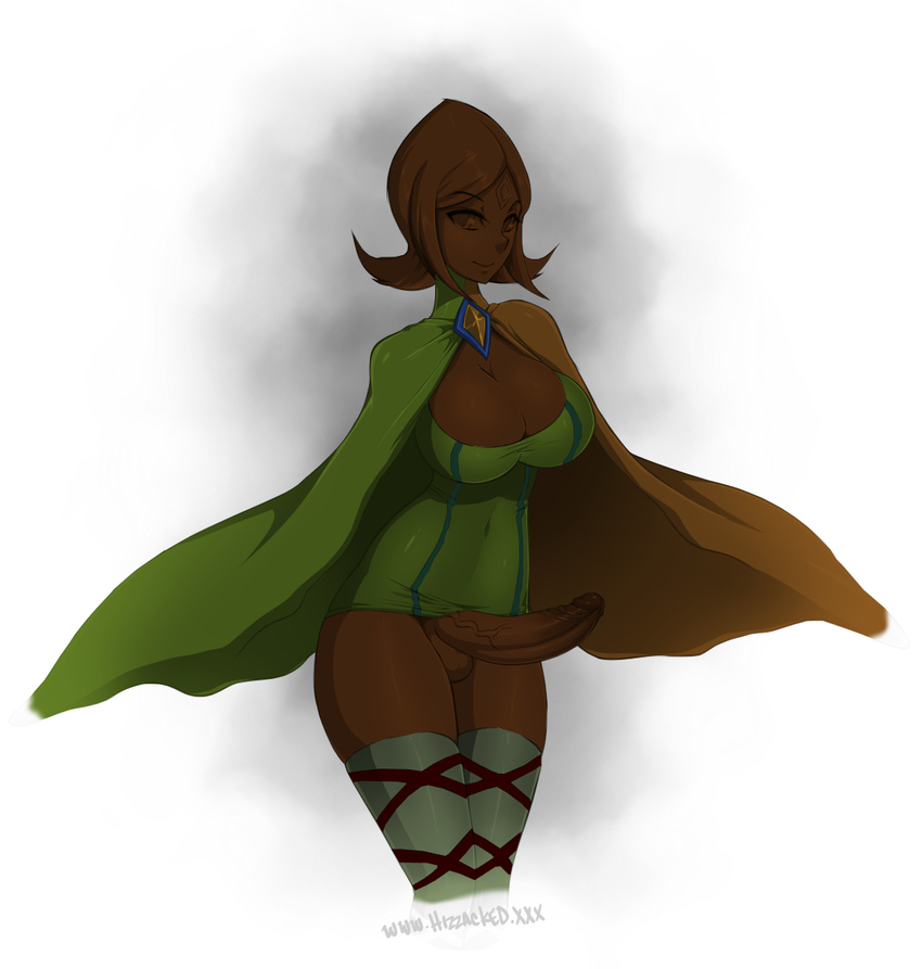 1girl alternate_color brown_eyes brown_hair brown_skin cape dark_skin fi full-package_futanari futanari highres hizzacked large_penis newhalf no_panties penis recolor recolor_kingdom short_hair skyward_sword solo testicles the_legend_of_zelda the_legend_of_zelda:_skyward_sword thighhighs uncensored