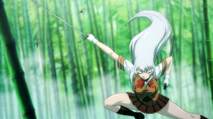 1girl bamboo breasts chouun_shiryuu eyes_closed gloves ikkitousen large_breasts long_hair miniskirt school_uniform short_skirt skirt socks solo sword weapon white_hair