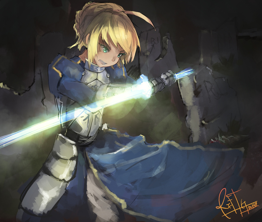 ahoge armor armored_dress artoria_pendragon_(all) blonde_hair dress fate/stay_night fate_(series) gauntlets green_eyes riftgarret saber solo sword weapon