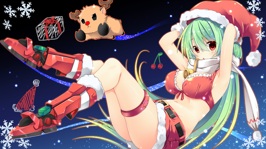 bare_shoulders bell bell_collar boots breasts christmas cleavage collar dodome-iro_mayonnaise gloves green_hair hat highres large_breasts long_hair looking_at_viewer navel original red_eyes reindeer santa_costume santa_hat skirt solo thigh_strap