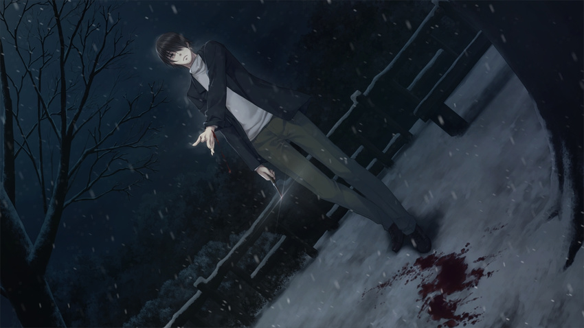 blood blood_splatter game_cg hair_over_one_eye hinagami_ayato innocent_grey jacket kara_no_shoujo_2 knife masaki_tomoyuki short_hair snow sugina_miki suicide tree turtleneck winter