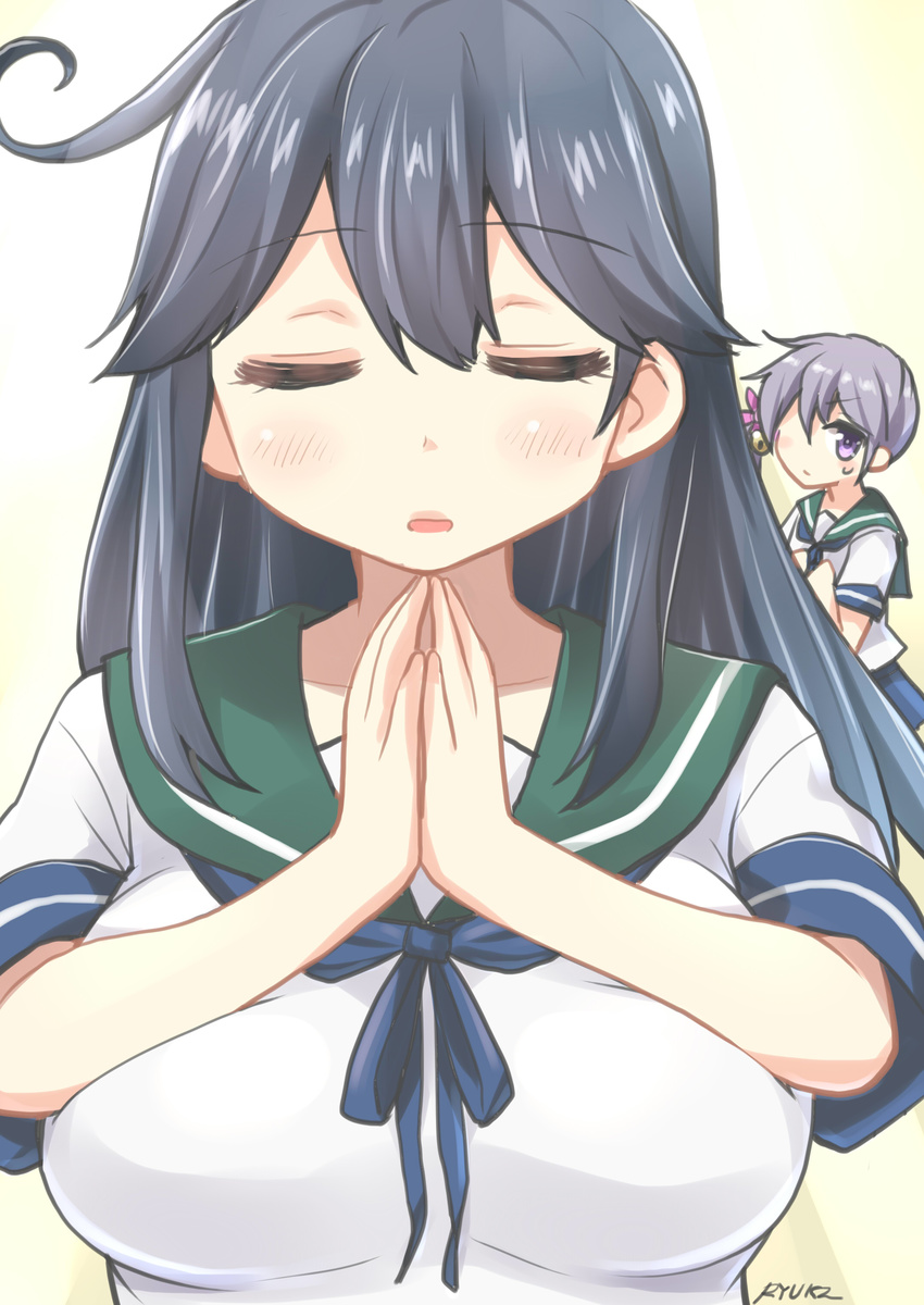 absurdres akebono_(kantai_collection) bell black_hair blush breast_envy breasts closed_eyes flower hair_bell hair_flower hair_ornament highres jingle_bell kantai_collection large_breasts lavender_hair long_hair multiple_girls open_mouth praying purple_eyes ryuki_(ryukisukune) school_uniform serafuku side_ponytail skindentation skirt ushio_(kantai_collection)