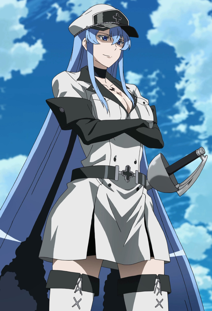 1girl akame_ga_kill! blue_eyes blue_hair breasts esdeath esdese hat highres large_breasts long_hair smile solo standing stitched sword tattoo uniform weapon