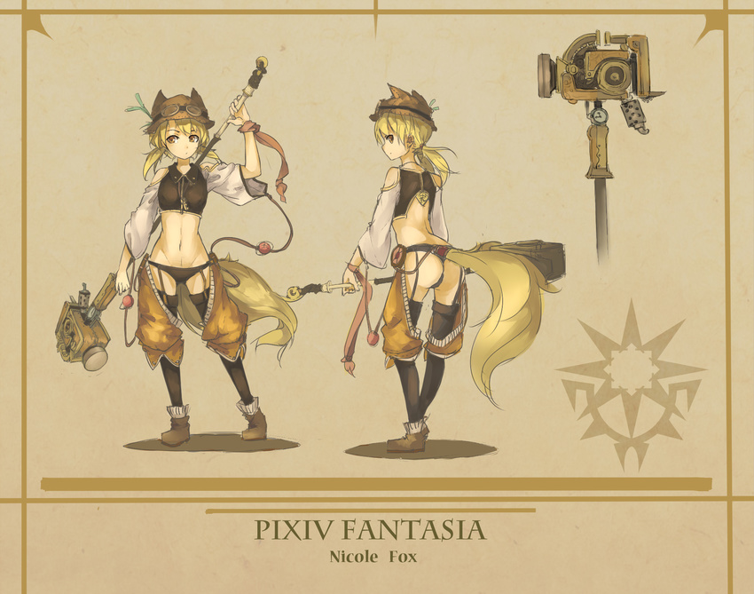 ass bad_id bad_pixiv_id bare_shoulders black_panties blonde_hair chaps character_name copyright_name crop_top fox_tail full_body garter_straps goggles hammer highres huanxiang_heitu multiple_views nicole_fox panties pixiv_fantasia pixiv_fantasia_fallen_kings shoes short_twintails tail thighhighs thong turnaround twintails underwear