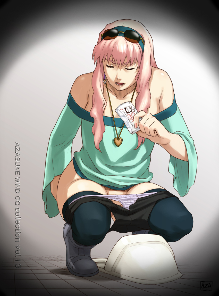 1girl azasuke bare_shoulders bathroom blue_legwear bottomless breasts censored earrings eyes_closed feet full_body hairband highres jewelry long_hair macross macross_frontier off_shoulder open_mouth panties panty_pull pendant pink_hair pussy sheryl_nome shoes shorts simple_background solo squat_toilet squatting sunglasses tiptoes tongue underwear