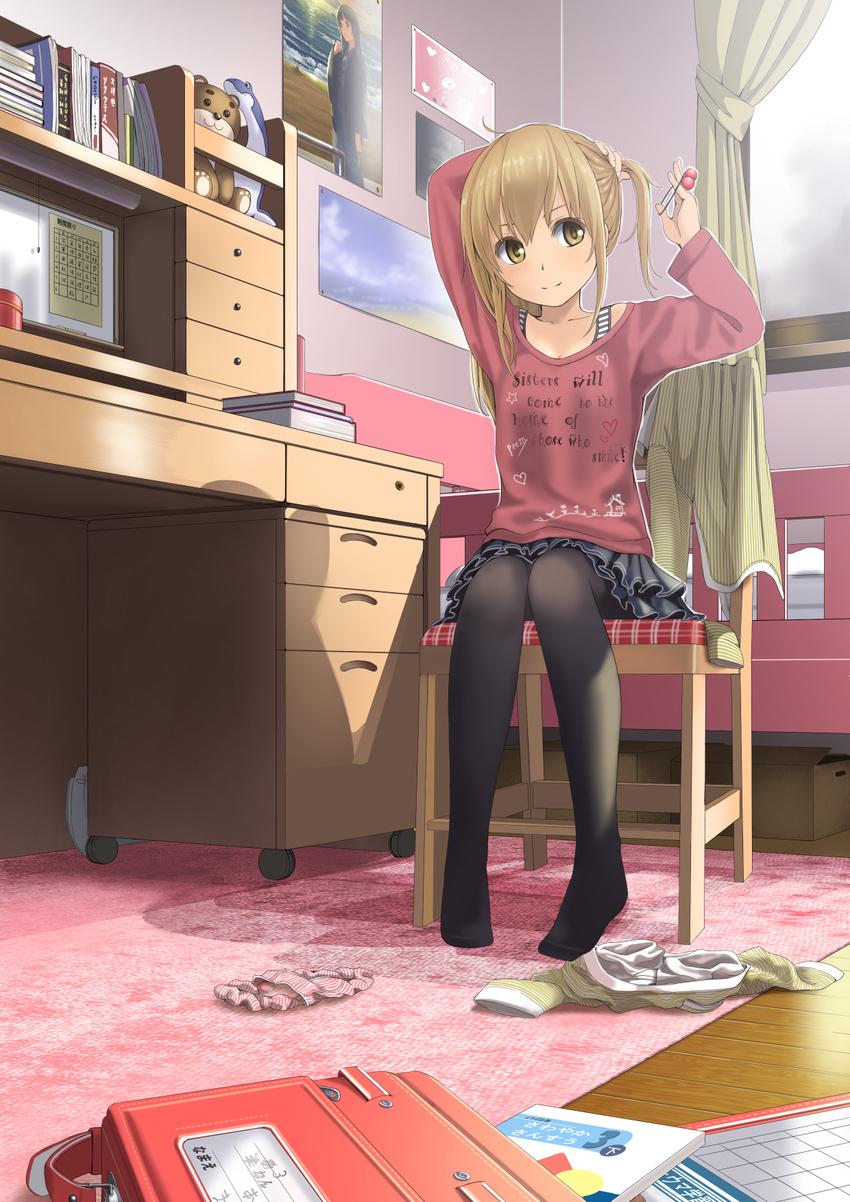 adjusting_hair artist_self-reference backpack bag bangs bed bedroom black_legwear blonde_hair book box chair clothes clothes_on_floor clothes_writing curtains desk doll english frilled_skirt frills highres indoors long_hair long_sleeves md5_mismatch original panties panties_removed pantyhose poster_(object) randoseru school_bag shadow sitting skirt smile solo striped striped_panties stuffed_animal stuffed_toy sweater tied_hair tying_hair underwear yellow_eyes yoropa