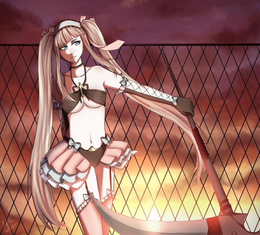 1girl artist_request bare_shoulders blue_eyes breasts brown_hair corpse_party cross elbow_gloves fence frills garter_straps gloves hair_ribbon headdress jewelry long_hair magali_mizuki midriff navel necklace panties ribbon scythe serious skirt solo standing thighhighs twintails underboob underwear very_long_hair weapon