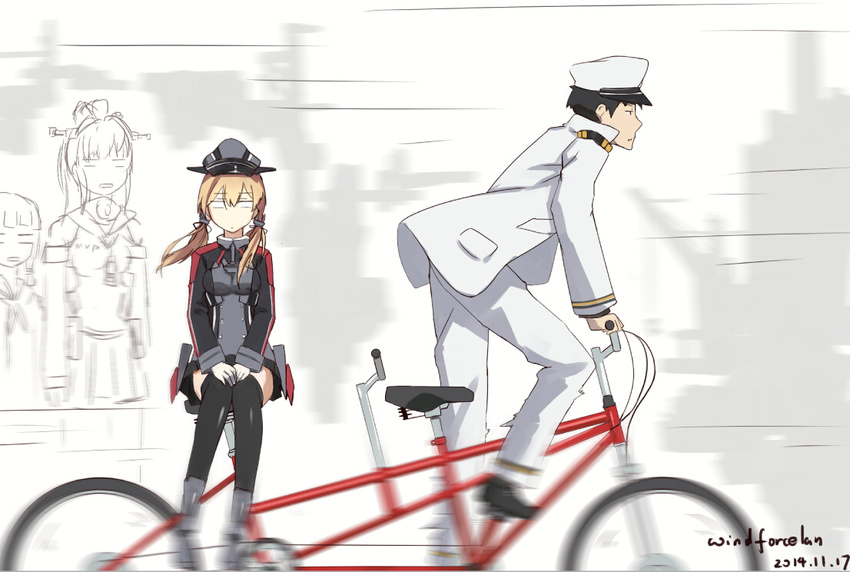 3girls admiral_(kantai_collection) artist_name bicycle black_hair black_legwear blonde_hair dated gekkan_shoujo_nozaki-kun ground_vehicle hat kantai_collection kitakami_(kantai_collection) low_twintails multiple_girls multiple_riders nozaki_umetarou ozawa_ari parody peaked_cap prinz_eugen_(kantai_collection) riding sakura_chiyo seiyuu_connection sidesaddle tandem_bicycle thighhighs twintails windforcelan yamato_(kantai_collection)