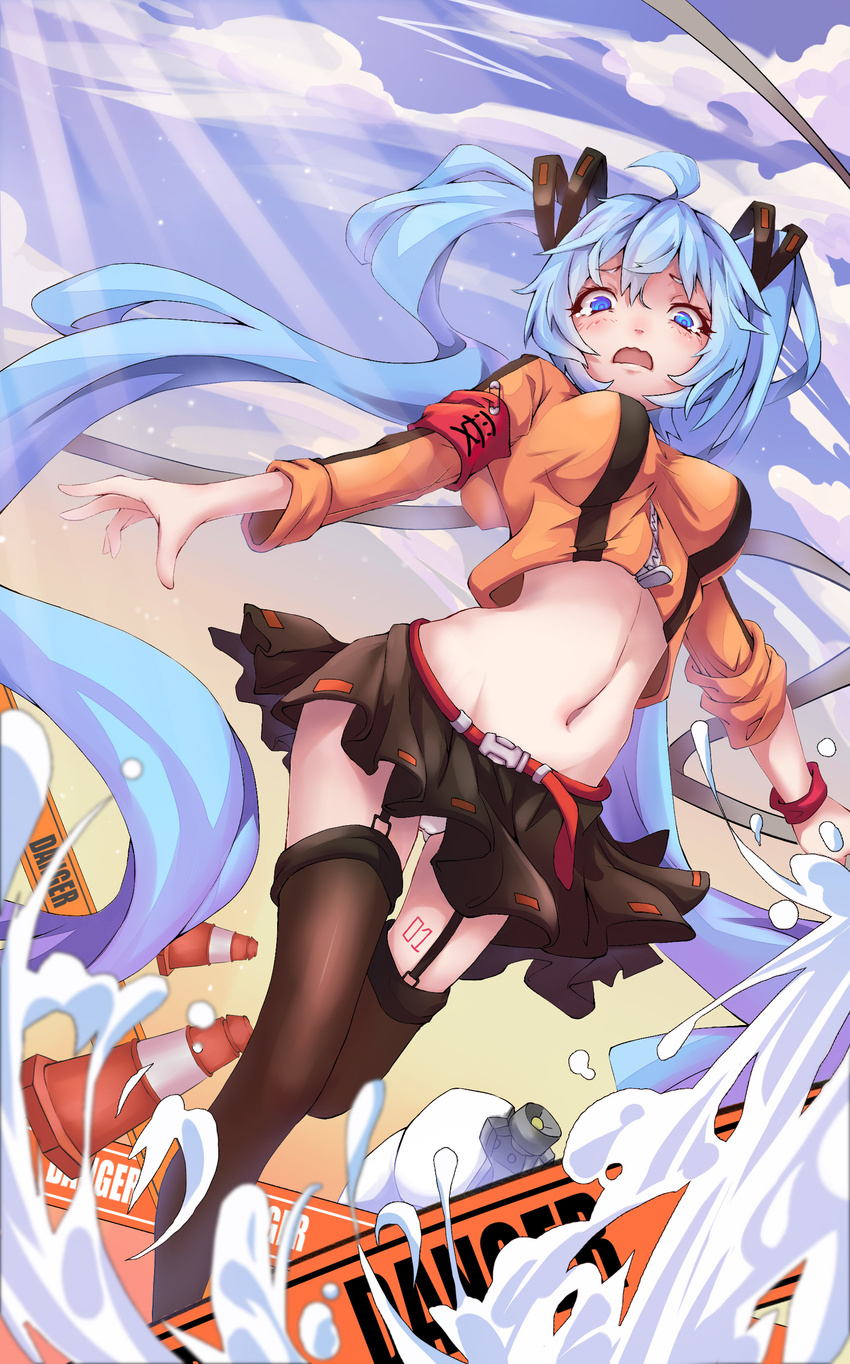 absurdres ahoge armband bad_id bad_pixiv_id belt black_legwear blue_eyes blue_hair blue_sky breasts crop_top d: day garter_straps hatsune_miku highres large_breasts light_rays litsvn long_hair long_sleeves looking_at_viewer microskirt midriff navel open_mouth orange_shirt panties pantyshot pantyshot_(standing) ribbon-trimmed_skirt ribbon_trim safety_pin shirt sign skirt sky sleeves_rolled_up solo splashing standing standing_on_one_leg sunlight tattoo thighhighs traffic_cone twintails underwear very_long_hair vocaloid water wavy_mouth white_panties wristband zipper