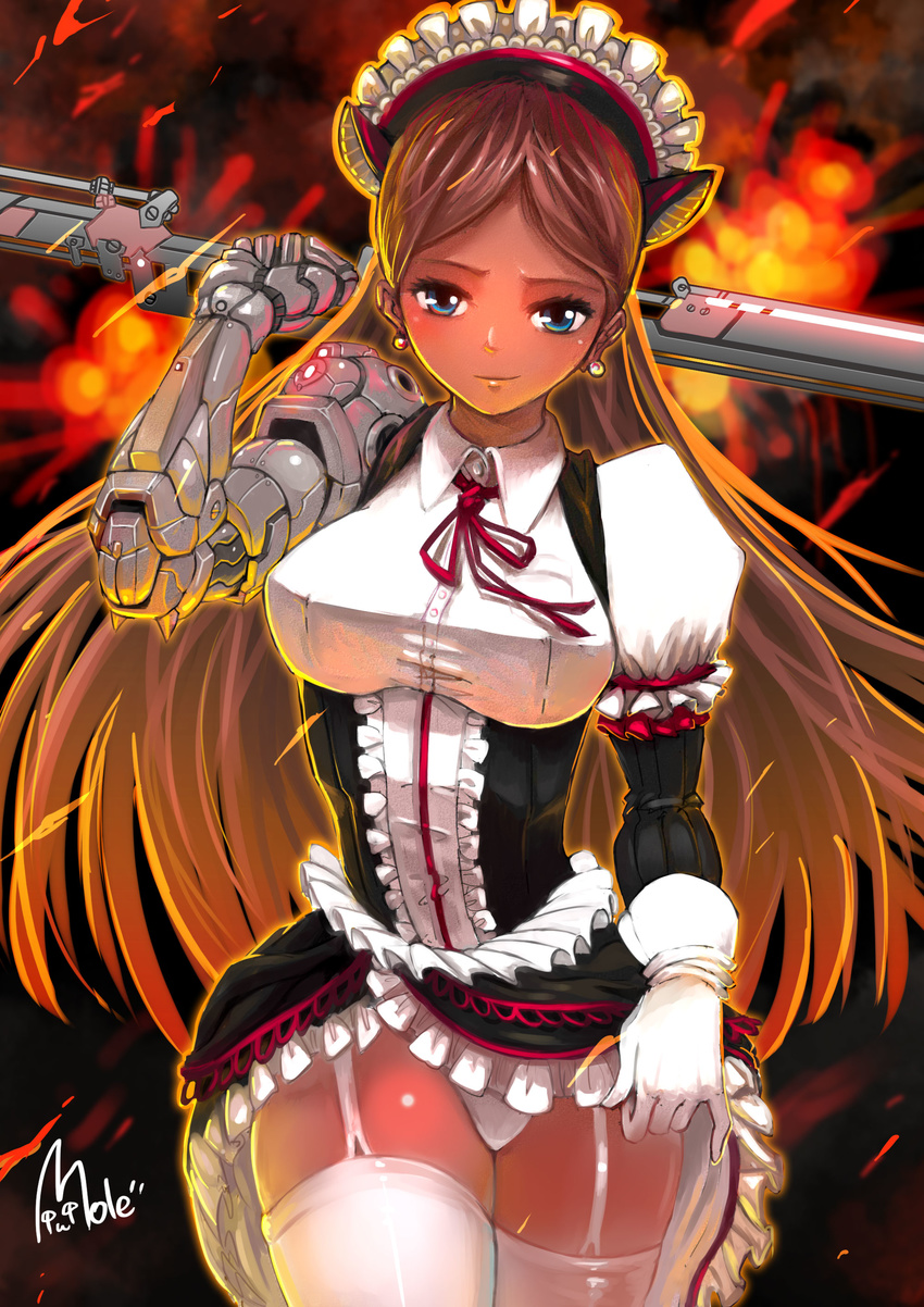 blue_eyes brown_hair closed_mouth earrings female frilled_skirt frills gloves highres holding holding_weapon jewelry long_hair looking_at_viewer maid maid_headdress maid_outfit mole_(artist) panties skirt smile solo straight_hair sword thighhighs underwear weapon white_gloves white_legwear white_panties white_thighhighs zettai_ryouiki