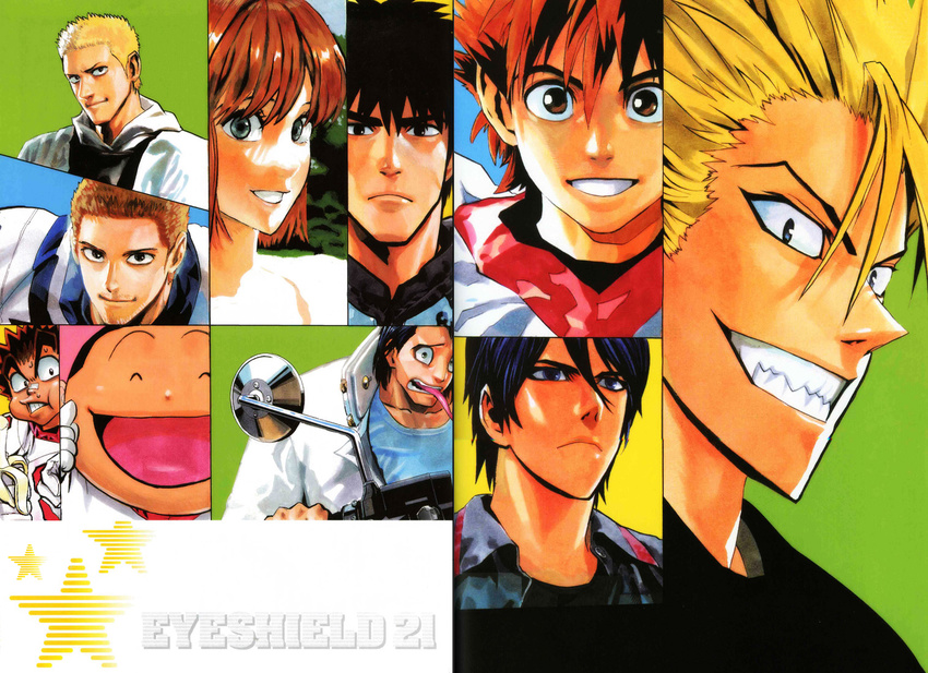 1girl 6+boys anezaki_mamori black_hair blonde_hair blue_eyes brown_eyes brown_hair copyright_name eyeshield eyeshield_21 football football_uniform gloves habashira_rui hiruma_youichi jumonji_kazuki kobayakawa_sena kurita_ryokan motor_vehicle motorcycle multiple_boys murata_yuusuke official_art raimon_tarou running sakuraba_haruto shin_seijuurou smile sportswear tongue uniform vehicle white_background yamato_takeru