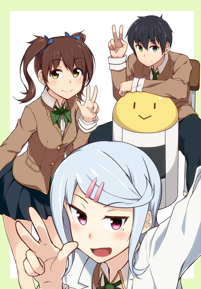 2girls :&gt; absurdres bad_revision blush brown_eyes brown_hair chair desk downscaled_revision hair_ornament hairclip highres kuroneko_shiro looking_at_viewer md5_mismatch mole multiple_girls open_mouth original red_eyes short_hair silver_hair sitting skirt smile twintails v